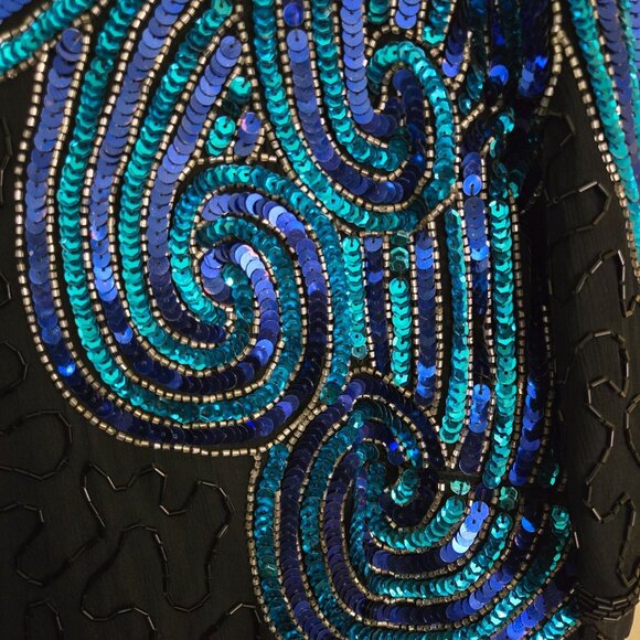 Stenay Vintage Stunning Black Blue Sequined Beaded Silk Sheath Midi Dress Size14 - Picture 4 of 7